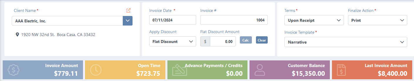 Client and Invoice Options and Totals