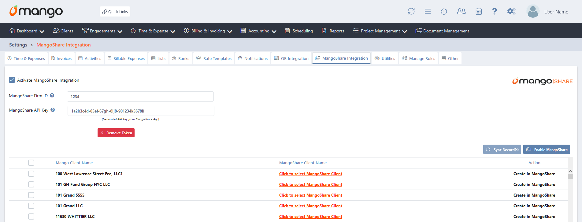 Settings - MangoShare Integration tab with Synchronization